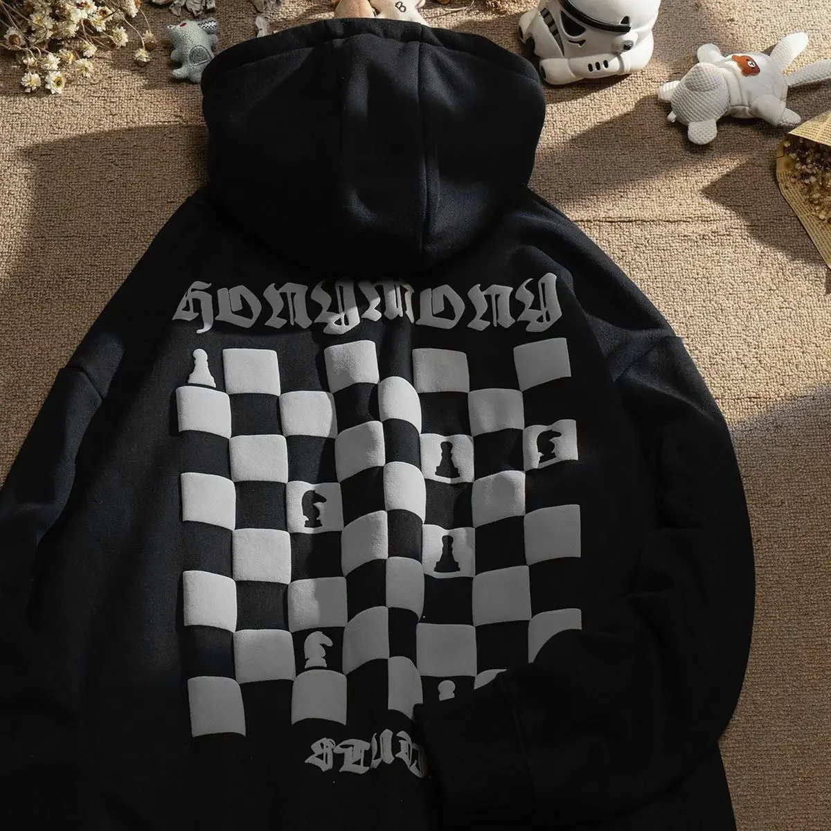 Pure Cotton Hooded Sweater Plaid Chessboard Decal Men and Women Loose High Street Jacket Couple Outfit American Style SweaterTop