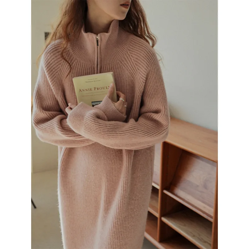 

High Collar Half Zipper Midi Dress Korean Style Knitted Pullover Base Woolen Skirt Women