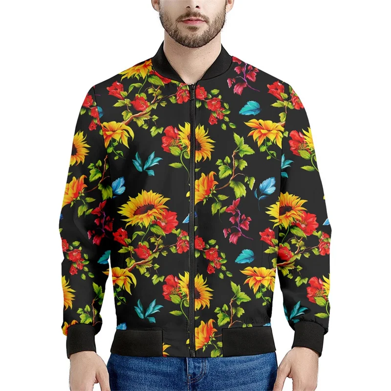 thumbnail image 1 of Chaqueta con estampado de girasol en blanco y negro para hombre, sudaderas con estampado floral en 3D, chaquetas de calle de manga larga con cremallera de gran tamaño, abrigos, 1 of 5