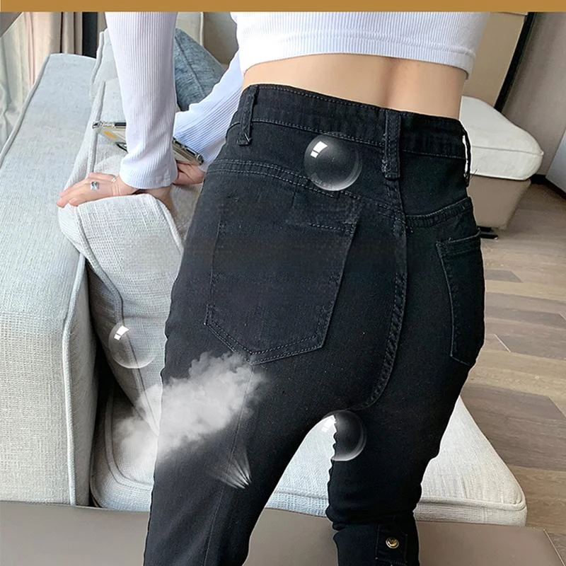 Real time photos of denim pants for women black casual 2023 autumn/winter new straight fit small figure split back smoke pipe pa