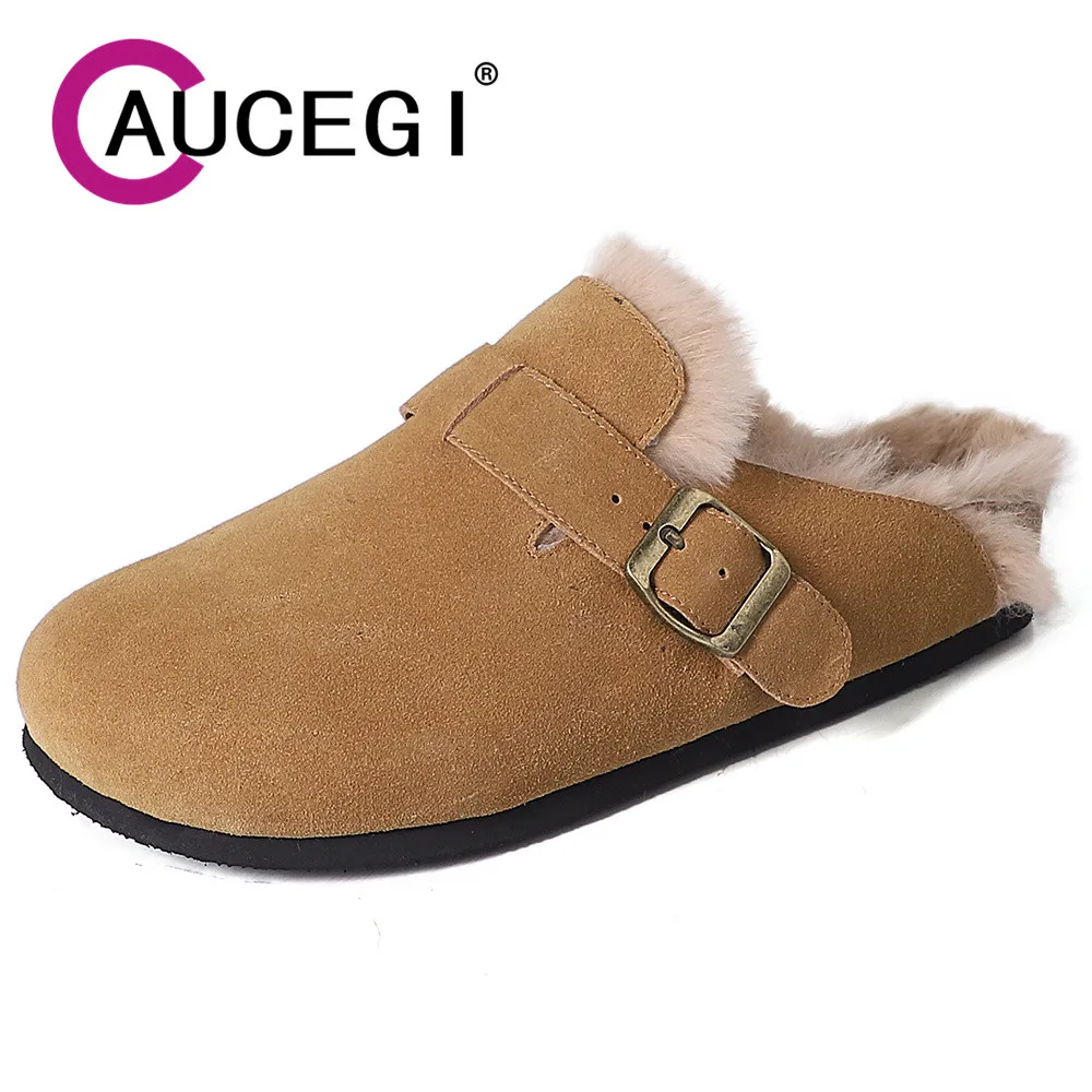 

Aucegi Women Slippers Autumn Winter Cow Suede Round Toe Mules Couple Outdoor Flat Heels Buckle Casual Keep Warm Casual Slides