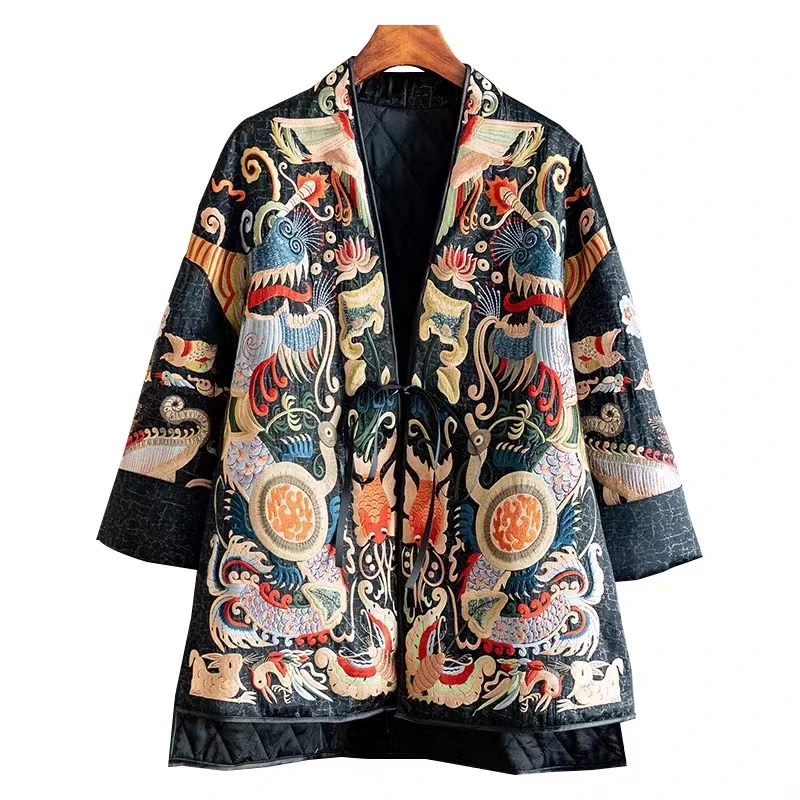 High End Palace Embroidery Loose Acetate Cotton Jacket  Women\'s Winter New Chinese Style V-Neck Tie Up Single Buckle Coat S-XXL