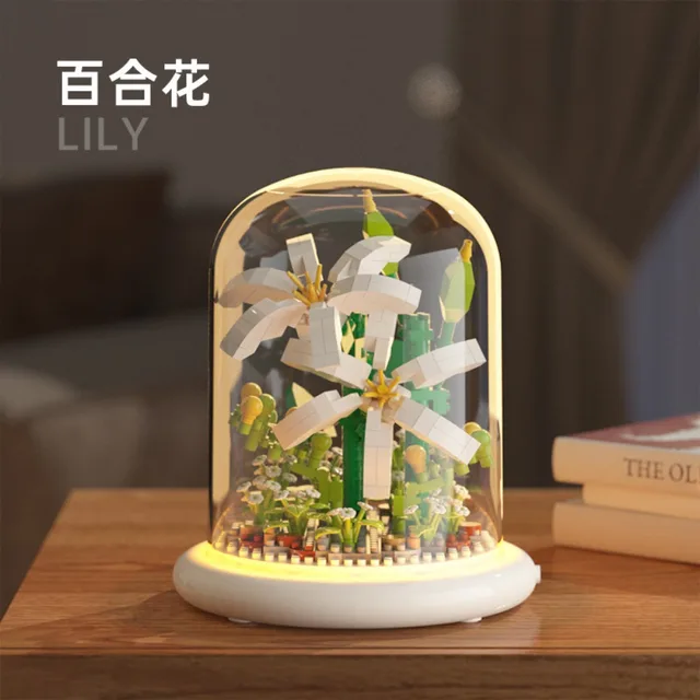 Eternal Flower Building Blocks Blue Enchantress Tulip Jasmine Potted Plant Model Assemble Desktop Toys Festival Creative Gifts 6