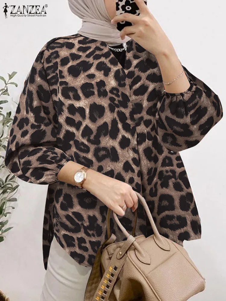 

ZANZEA Fashion Women Muslim Leopard Printed Shirt Spring 3/4 Sleeve Blouse 2024 Casual Ramadan Turkey Tops Elegant Work Blusas