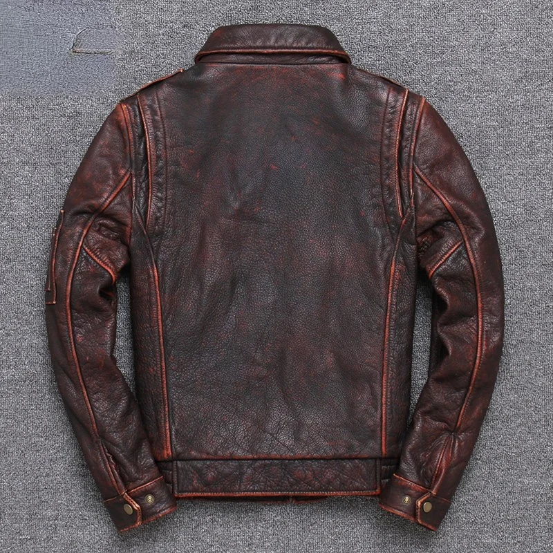

Leather Real Pure Cowhide Jacket High Quality Distressed Vintage Slim Short Motorcycle Lapel Coat Men Chaquetas
