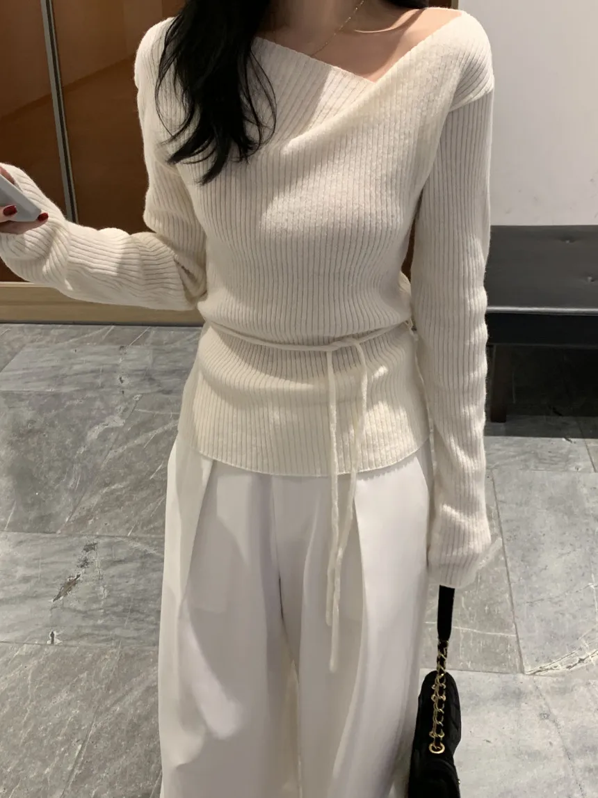 VNeck Slim Fit Knit Sweater – Tie Waist Long Sleeve Pullover for Women 2025