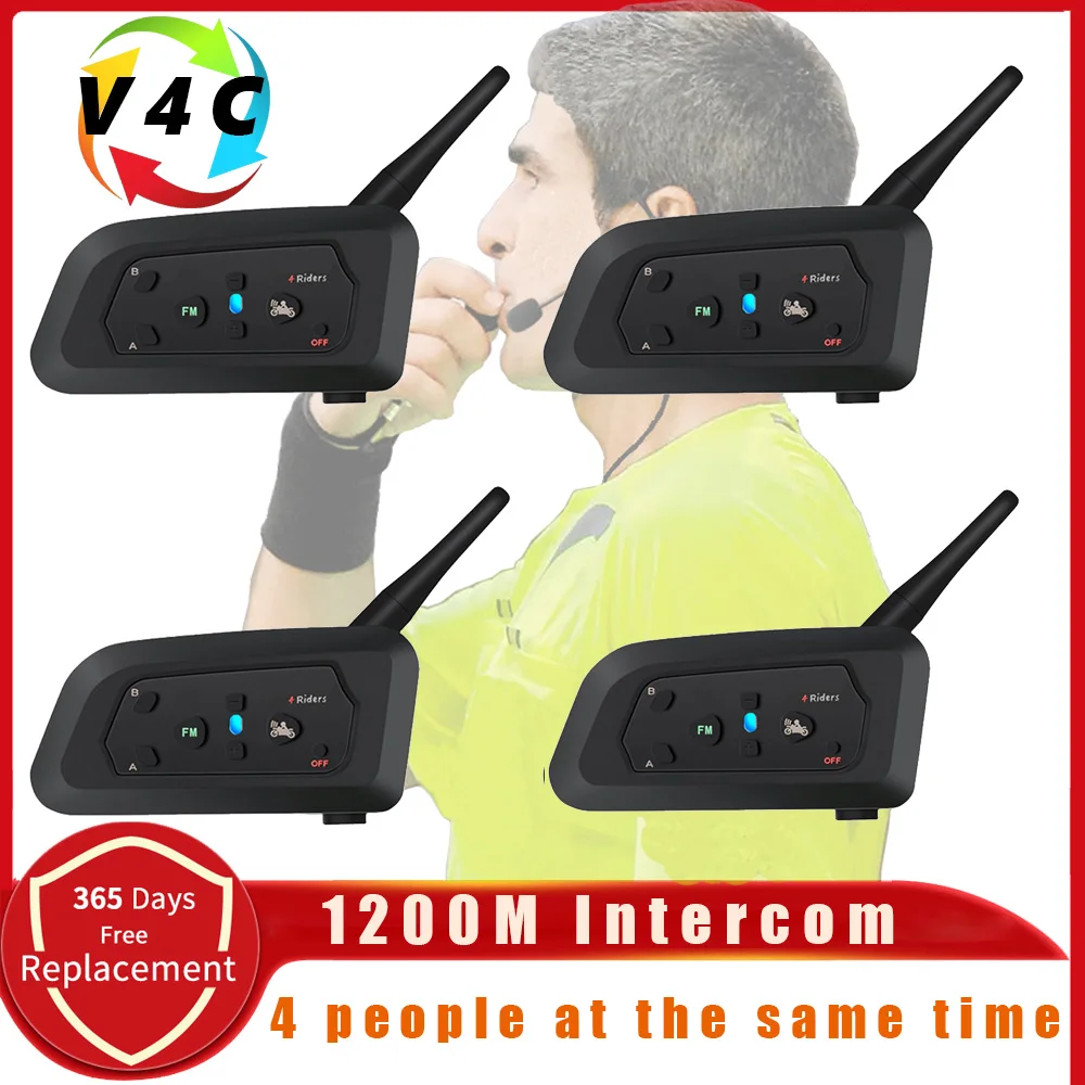 V4c Tot 4 Mensen Praten 1200M Full Duplex Intercom Headset Voor Voetbal Scheidsrechter Rechter Fiets Draadloze Voetbalcommunicatie