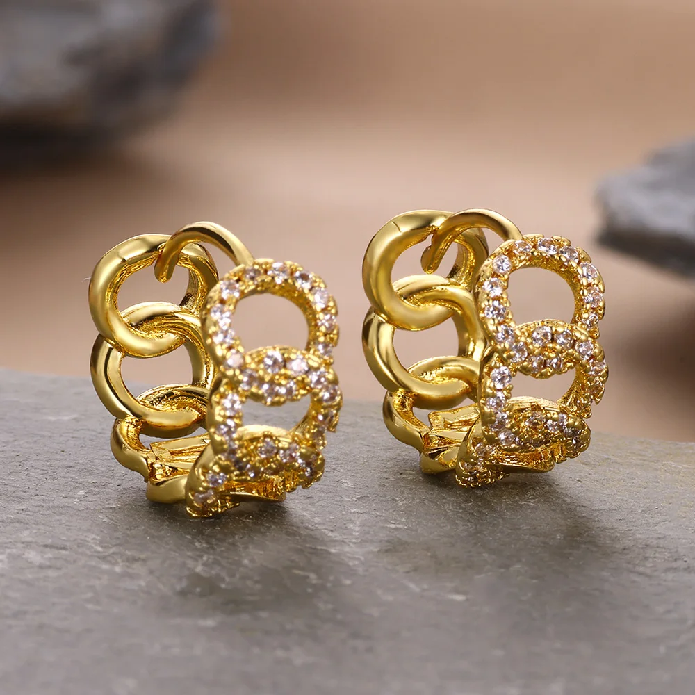 Luxury Zircon Cuba Chain Earrings Gold Color Geometric Stainless Steel