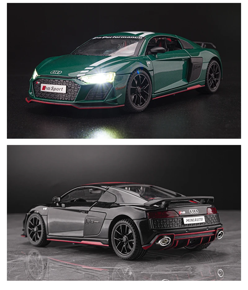 1:24 R8 V10 Plus Alloy Performance Sports Car Model Diecast Metal Toy Racing Car Model High Simulation Sound and Light Kids Gift