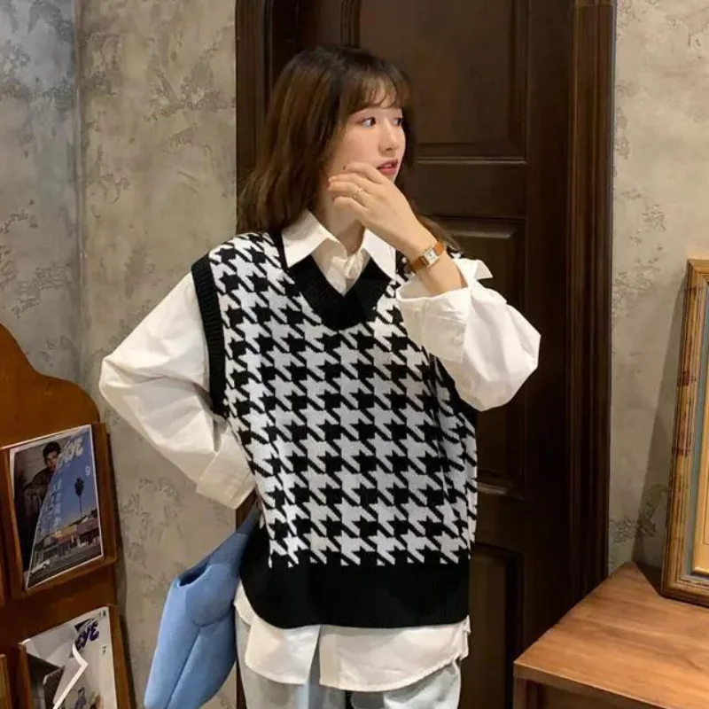 

Sweater Vests Women Houndstooth Preppy Style Knit Sweet Lady Ins Autumn Casual Slim Ropa All-match Sleeveless V-neck Design Soft