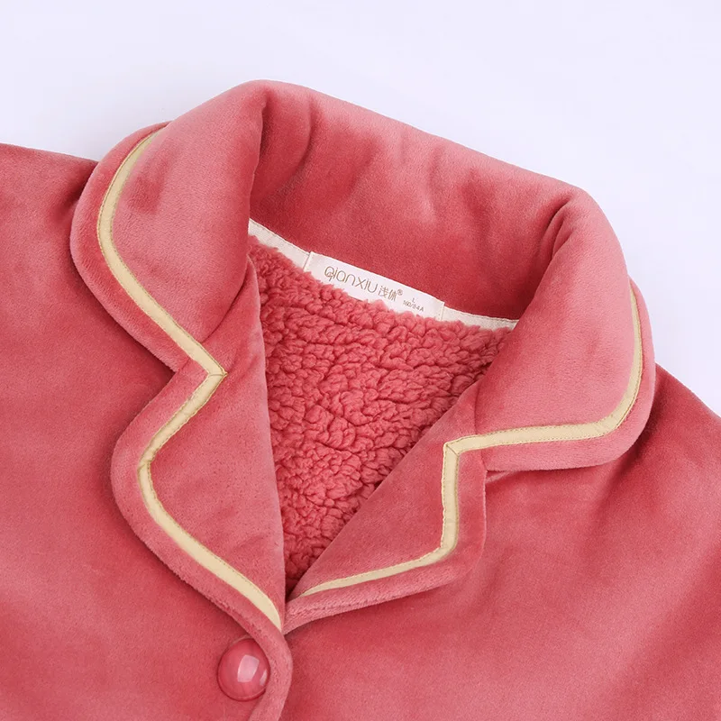 2pcs Fashion Winter Women Thicken Warm Soft Pajamas Sets Pink Red Long Sleeve Home Suit Sleepwear Long Velvet Thicken Pyjamas