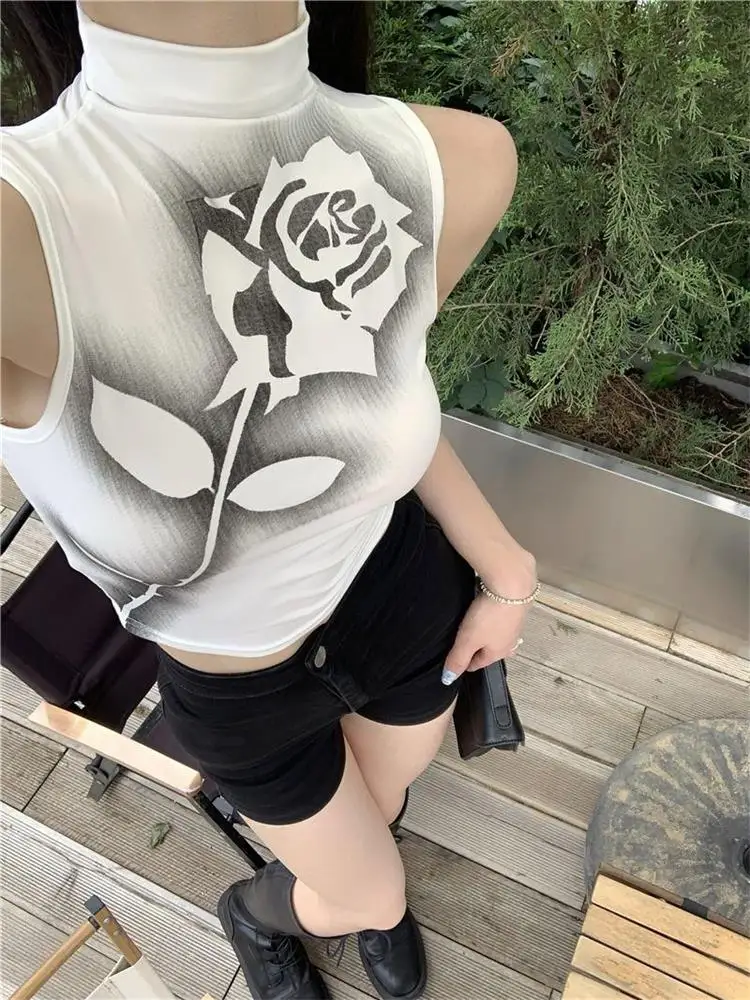 Gothic Rose Print Tank Top Aesthetic Y2K Crop Top Sleeveless Vest Harajuku Streetwear Black Summer Tops Women Slim Clothes