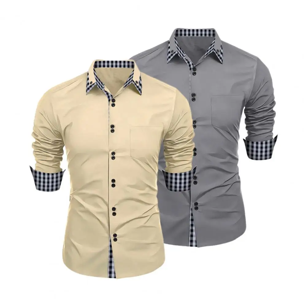 Casual Slim Fit Shirt Colorblock Plaid Print Men's Spring Shirt Slim Fit Single-breasted Business Cardigan Coat for Streetwear