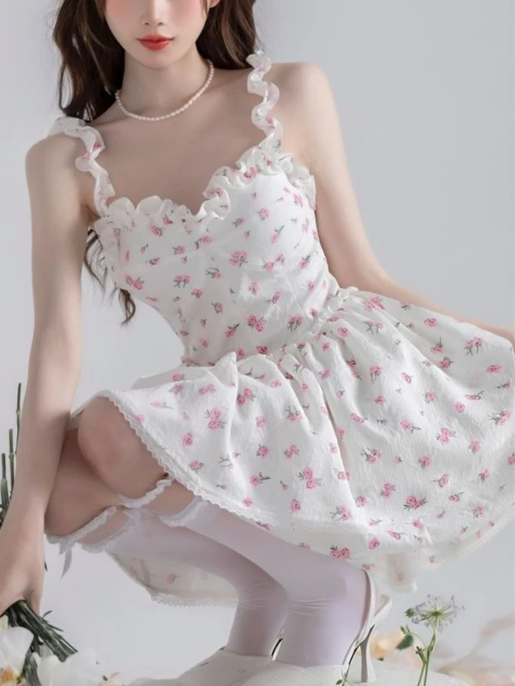 Floral Y2k Mini Dress Women Korean Clothing Sleeveless Beach Strap