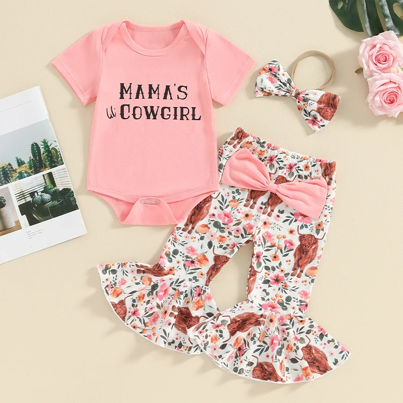 

2024-01-31 Lioraitiin Baby Girls Summer 3PCS Sets Pink Short Sleeve Romper Tops Floral Cattle Print Flared Pants Headband Sets