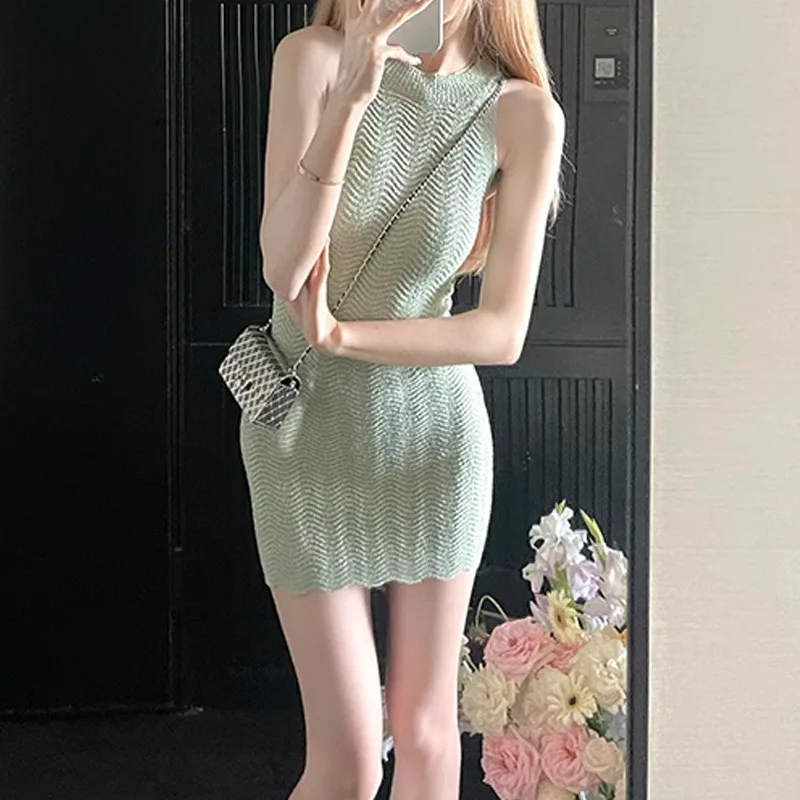 

Sleeveless Knitted Dress O-neck Korean Women Solid Mini Dresses Vintage Party Bodycon Sexy Dress Spring Summer Clubwear Thin