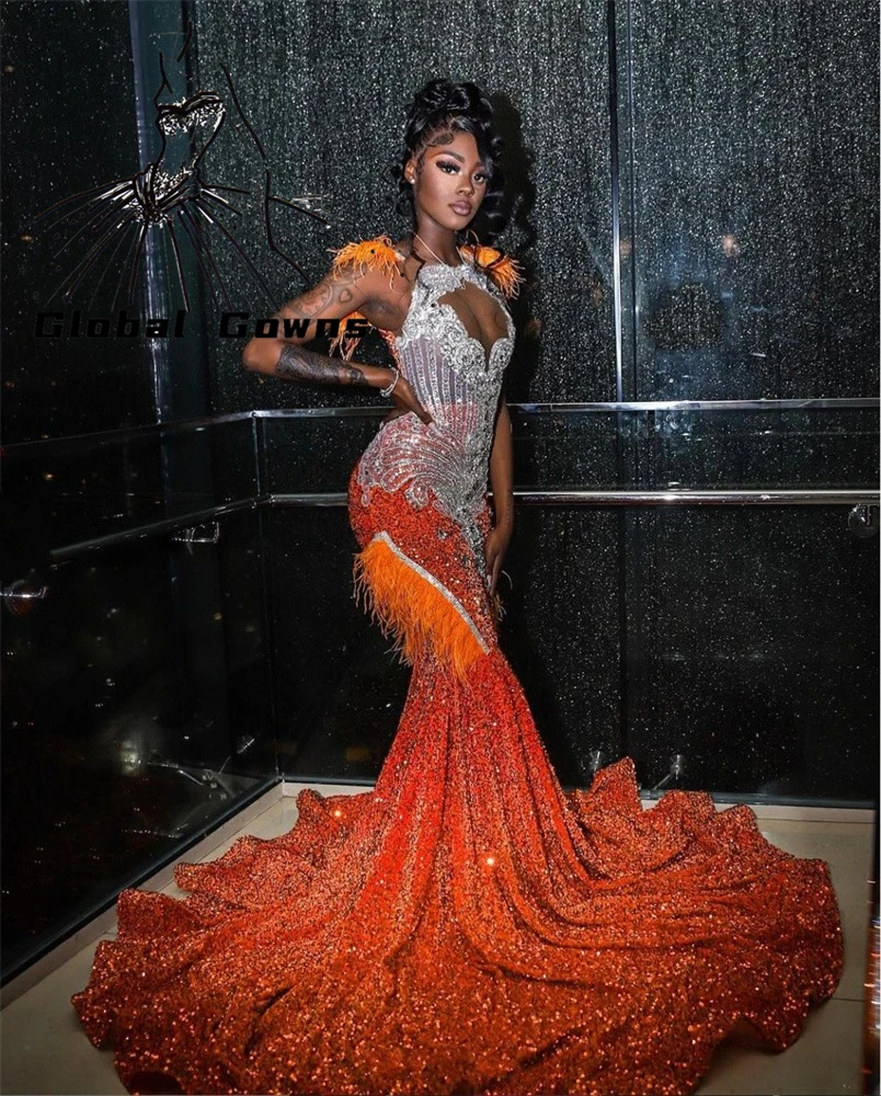 Purple O Neck Long Prom Dress For Black Girls Beaded Crystal Birthday Party Gowns Sequined Evening Dresses Mermaid Customized