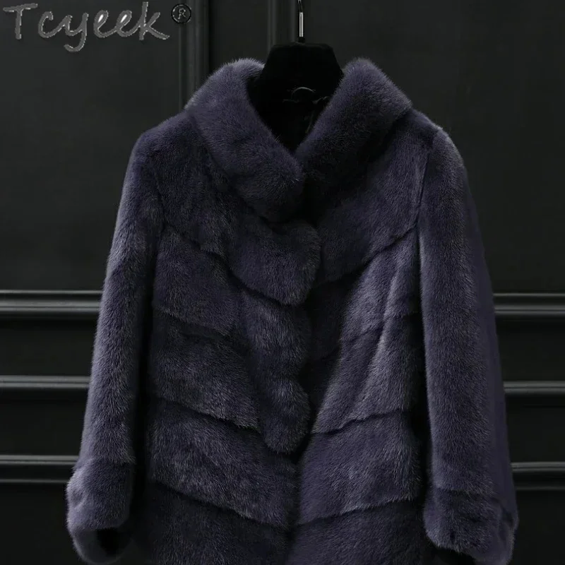 High-End Tcyeek Vera Pelliccia Di Visone Cappotto Donna Giacche Naturali Vestiti Nero Inverno Giacca Da Donna Colletto Alla Coreana Fourrure Femme