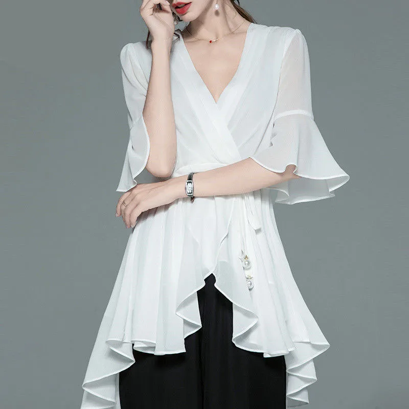 

Elegant Women Bandage Midi Chiffon Blouses Ruffles Trumpet Sleeve V Neck Spring Summer Urban Fashion Female Clothing Solid Shirt