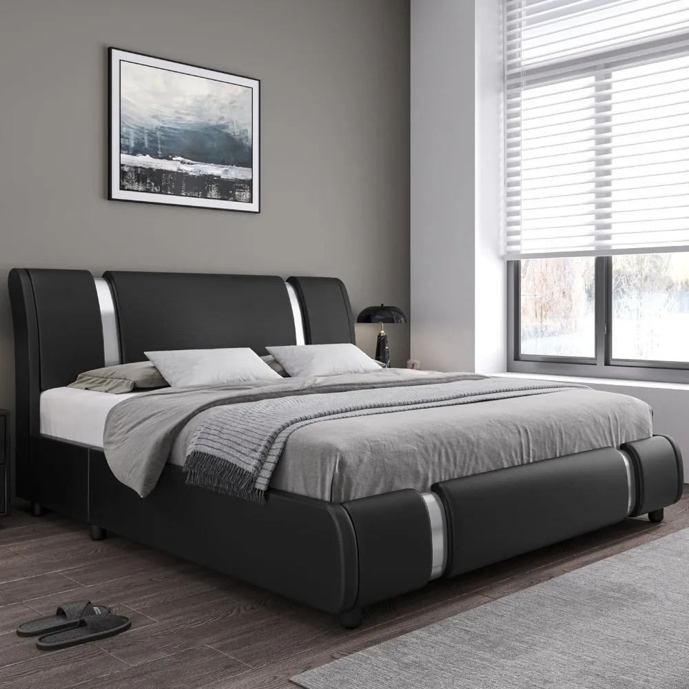 

Modern Faux Leather Upholstered Platform Bed Frame with Metal Decoration Headboard, Wooden Slats Support, Bed Frame