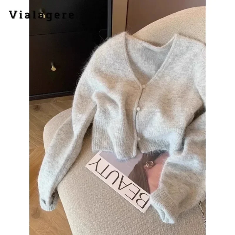 

2023 Winter Casual Office Lady Knitting Long Sleeve Short Cardigans Women's V-Neck Solid Color Single Breasted Elegant Sweater