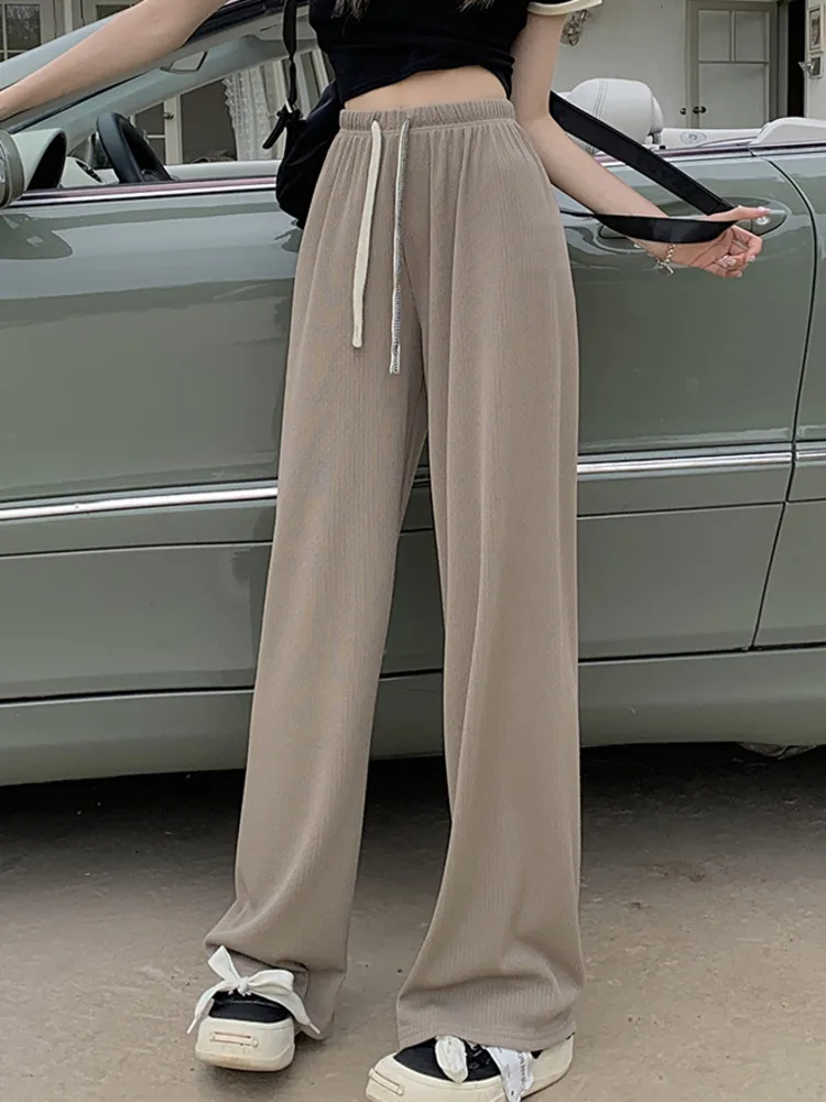 

M-4XL Large Size Wide Leg Pants Women Drawstring Elastic Waist Oversize Full Length Pants Straight Loose Trousers Spring Summer
