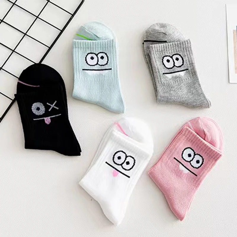 Women Socks Middle Tube Socks Mid Calf Socks Heart Print Socks Cartoon Socks 5 Pairs Cute Expression Print Socks Comfy & Funny All-match Mid Tube Socks
