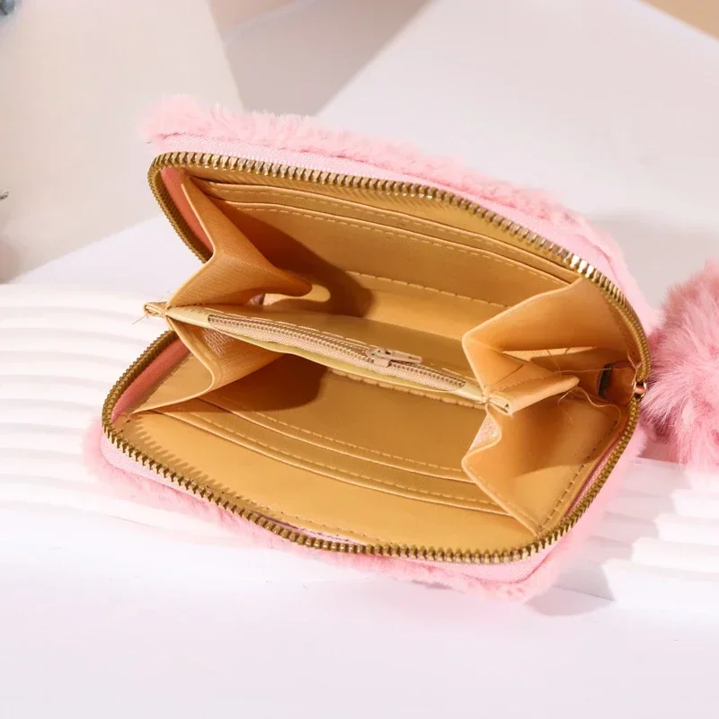 Women's Cute Plush Heart Print Wallet Zipper Coin Purse ID Credit Card Holder Clutch Bag Mini Purse Coin Pouch Card Wallet 6