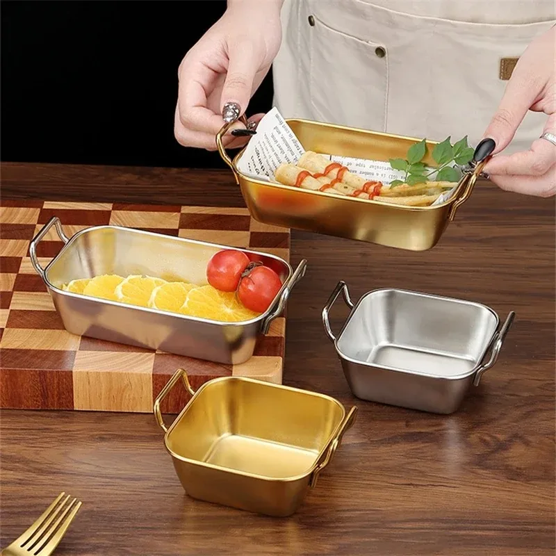 304 Stainless Steel Food Storage Tray with Handle Silver Gold Baking Pastry Pan BBQ Snacks  Kitchen  Plate Sushi Dish 2