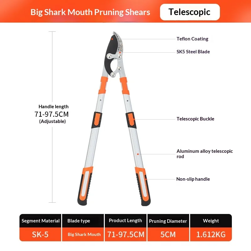 5cm 절단 용량의 샤크 조우형 정원 전정기, 확장형 알루미늄 손잡이가 있는 전문 나무 가지 절단 도구
