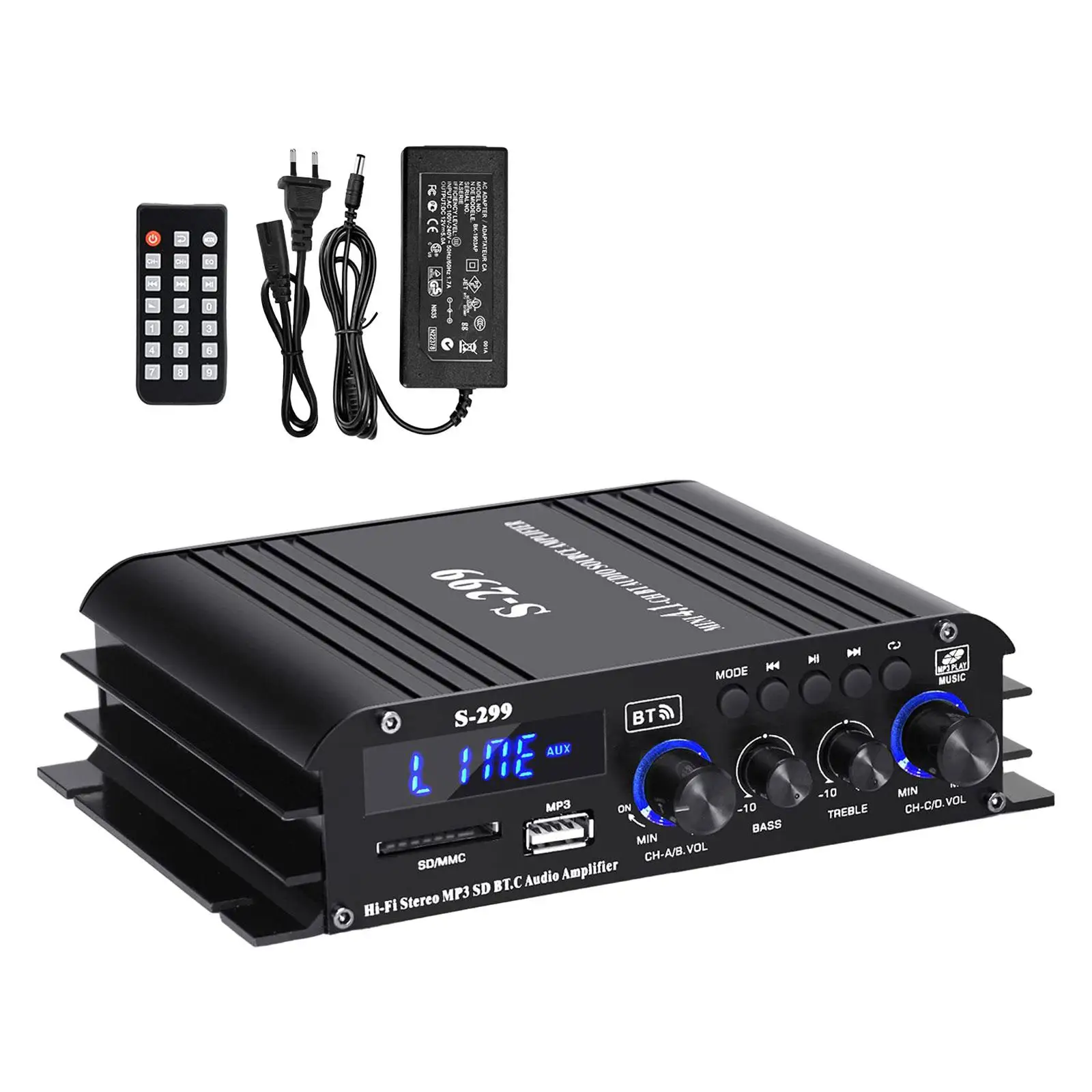 Audio Power Amplifier for Car Home Bar Party Portable USB AUX BT SD 4.1 Channel HiFi Stereo Amp MP3 Volume Adjustment 40wx4