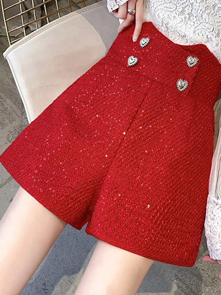 

SMTHMA Women Fashion Front Love Metal Buttons Tweed Shorts Vintage High Waist Woolen Female Short Pants Mujer