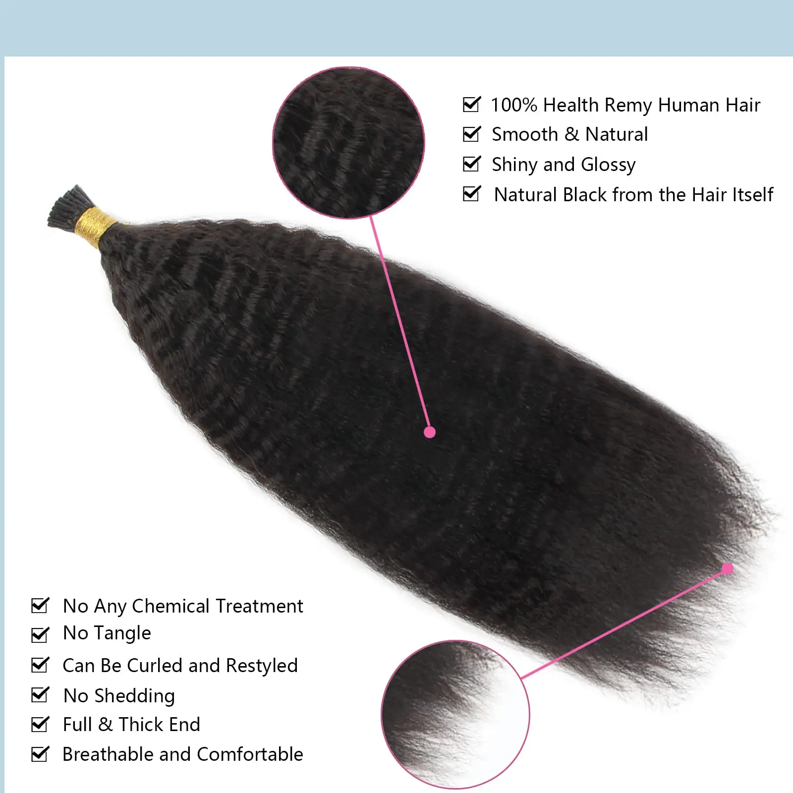 Extensioni di Capelli Umani Lisci Kinky I-Tips 18 Pollici, Capelli Vergini Brasiliani Lisci Kinky 50 Grammi - immagine 3