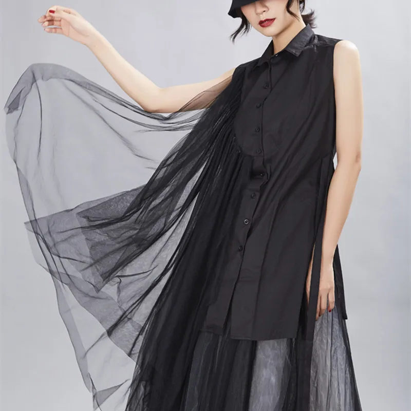 

Dress Summer 2023 Net Red Fashion Design dark irregular mesh stitching vest sleeveless shirt skirt 1109