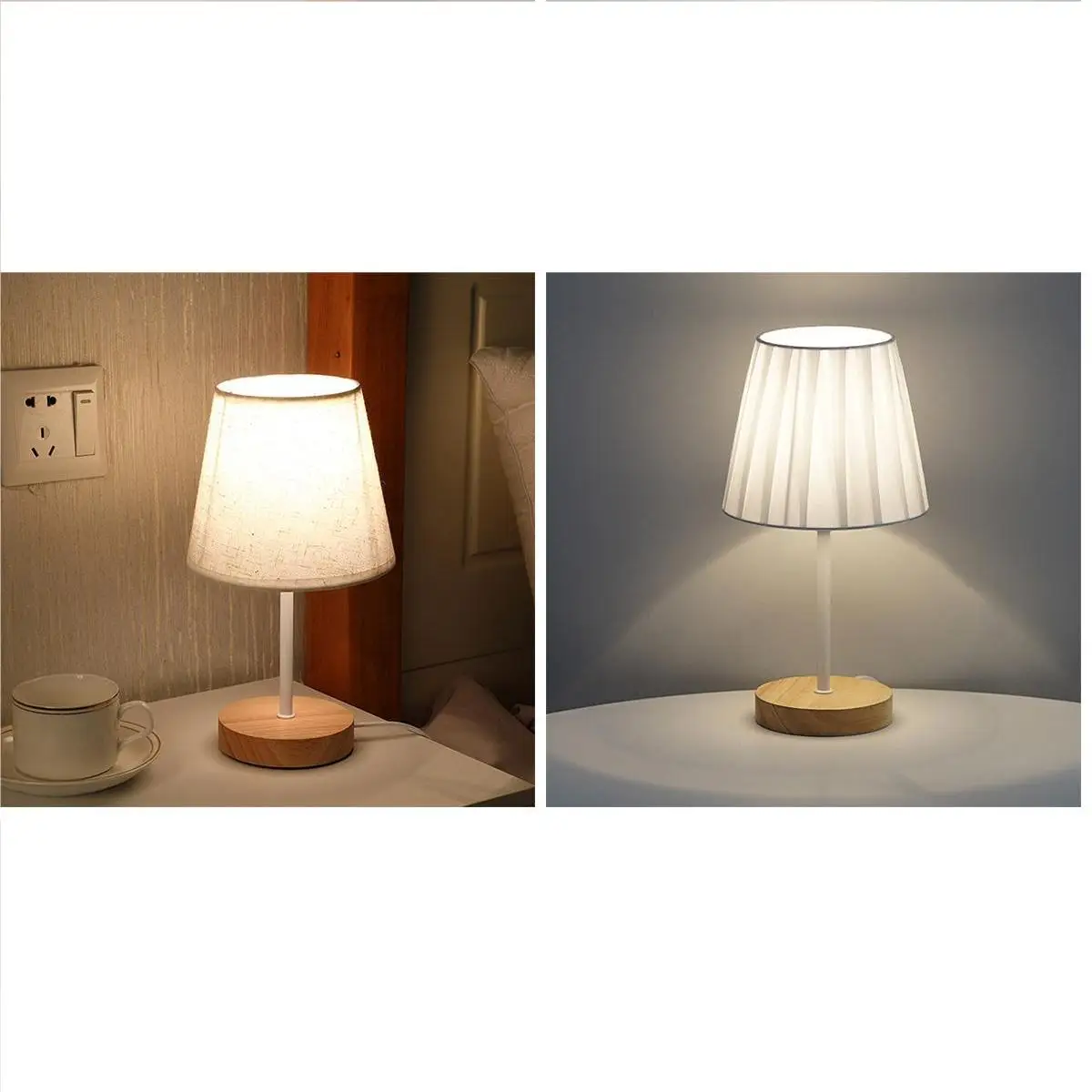 Modern Table Lamp 5V USB Powered Nightstand Lamp Eye-Care Soft Warm Light Bedside Lamp Wood Base Fabric Lampshade Desk Light