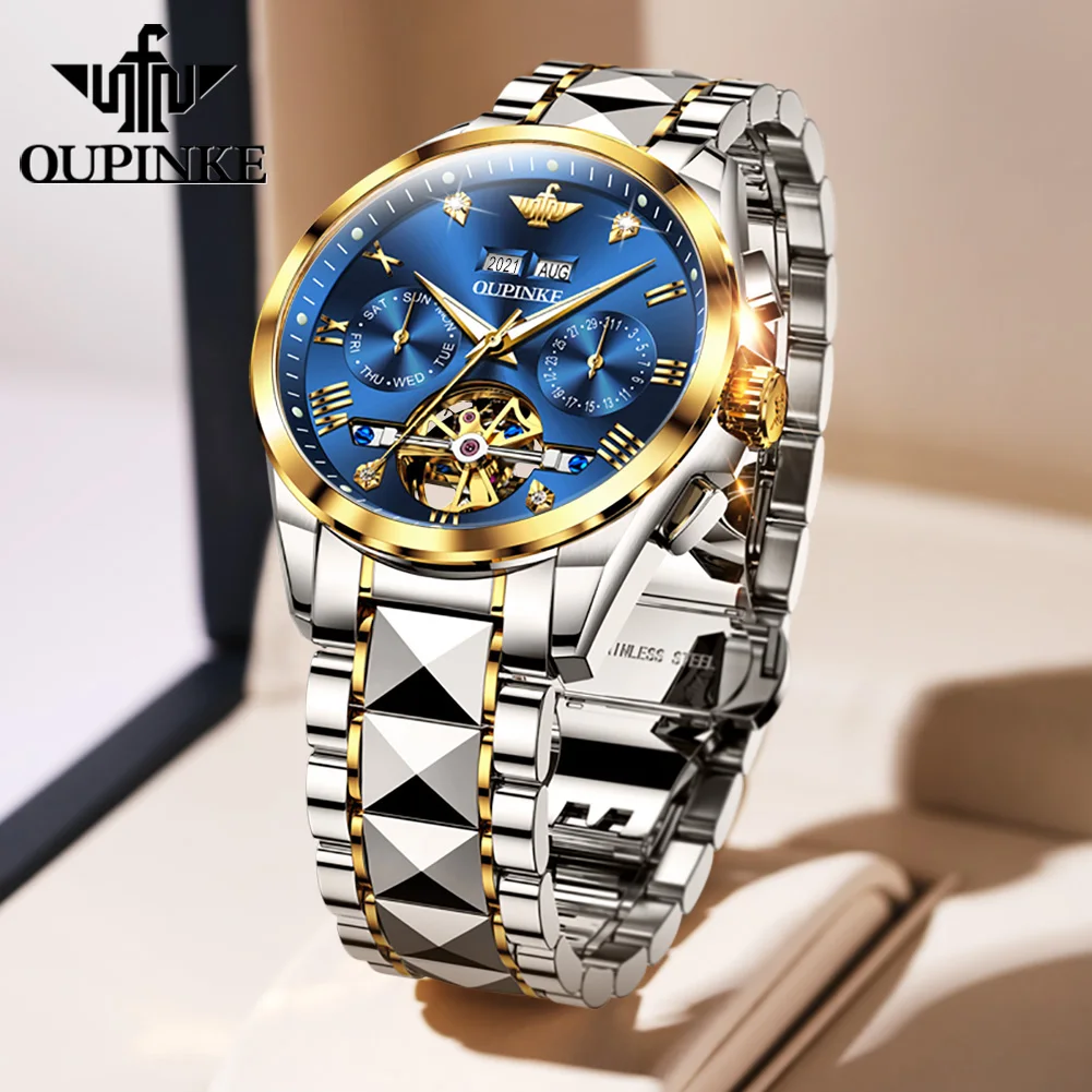 

OUPINKE Automatic Mechanical Watch Men Sapphire Mirror Waterproof Skeleton Noctilucent Watch Tourbillon Design Man Wrist Watch