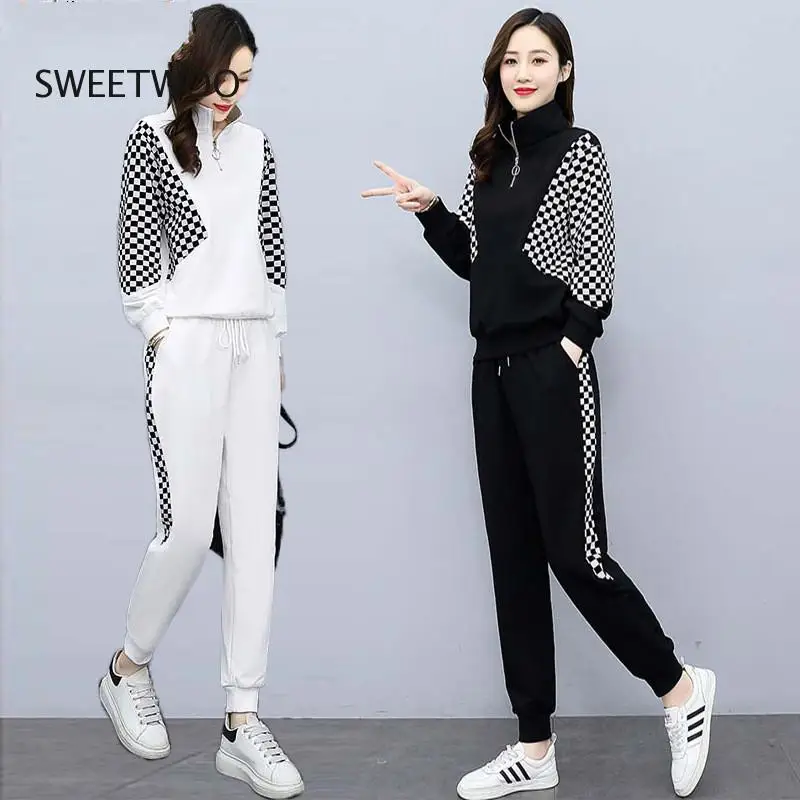 

2022 Spring New Outdoor Sports Plaid Jacket Set Elegant Female Top Pants Two Piece Set Women's Tracksuit Trouser Suit Tide Chic