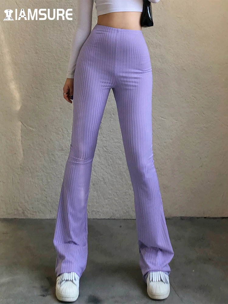 Iamsure Solid Flared Pants Women's Pans Lady Leggings Baggy Vintage High  Waist Purple Knitted Bell-bottomed Trousers Streetwear - Pants & Capris -  AliExpress