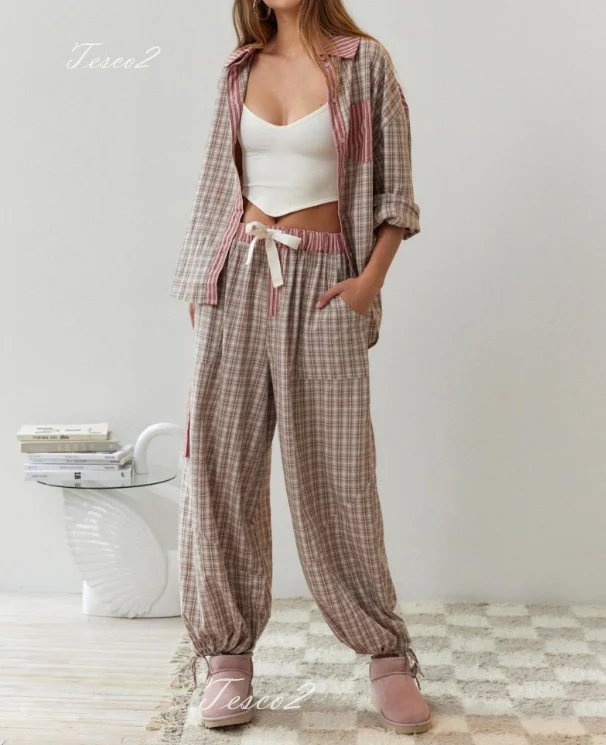 Tesco New Style Plaid Women Home Clothing Sets 2 Piece For Spring And Autumn Loose Blouses+Trousers Suits Women Pajama Set