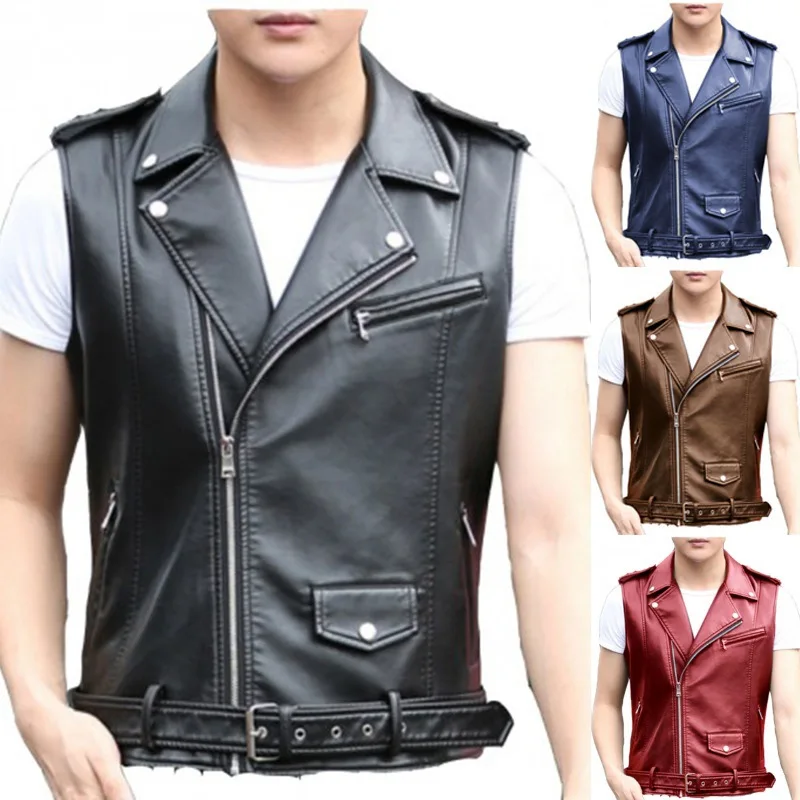 Black Collar Sleeveless PU Vest Jacket Men's Single-breasted Up and Down with Pockets Faux Leather Vests Coat S M L XL XXL XXXL