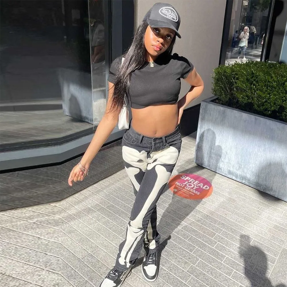 Low Rise Jeans Streetwear Women Cyber Y2k Goth Cargo Pants Fall 2023 New Colorblock Graphic Denim Trousers Baggy Jeans Women