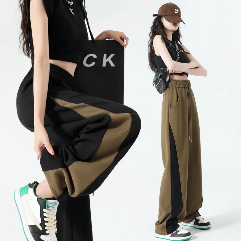 Casual Sweatpants Women Pants Patchwork Loose Elastic Waist Wide Leg Pants Female Spring Streetwear Fashion Black Y2K Trousers