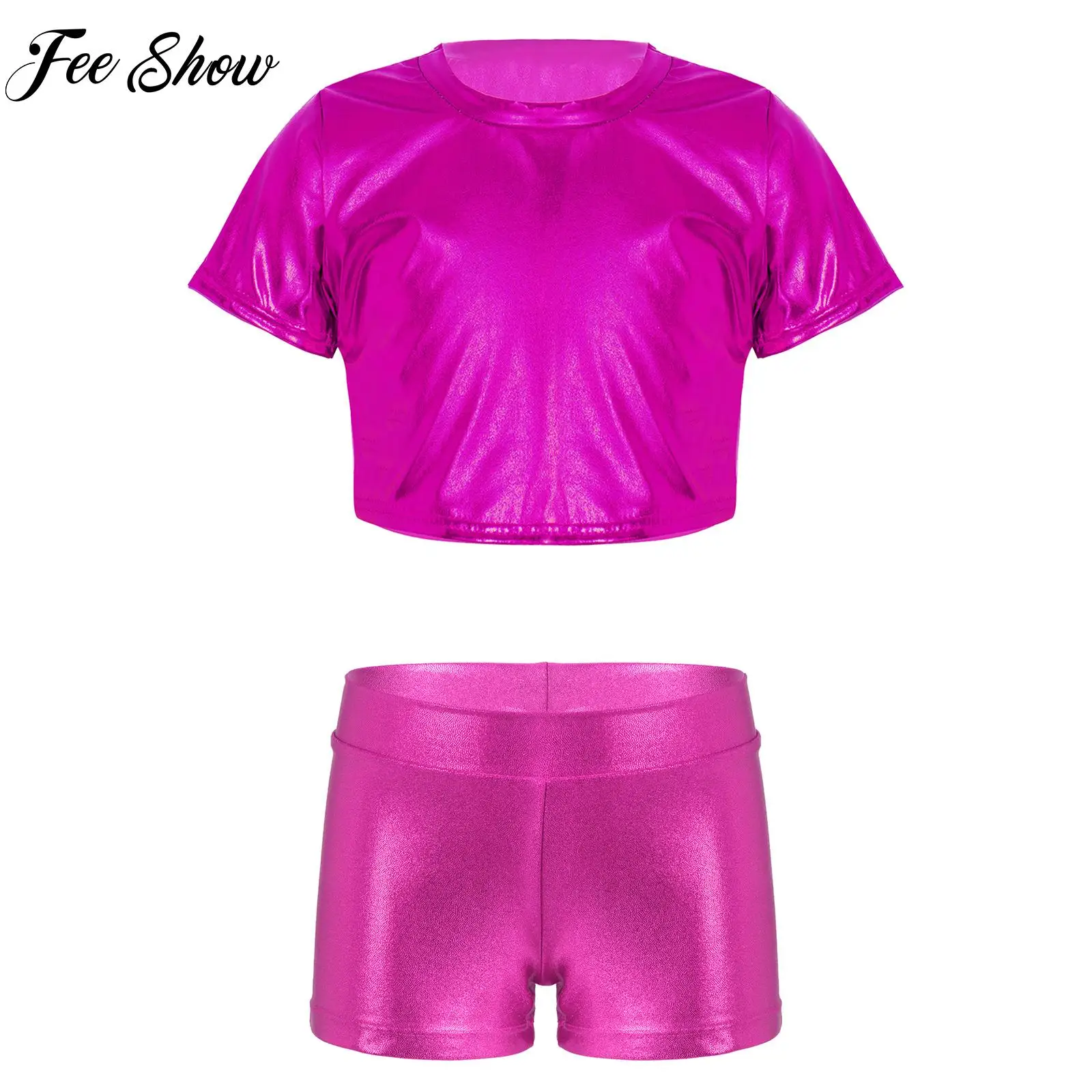 

Kids Girls Sports Running Sets Tracksuit Shiny Metallic Outfit Short Sleeve Crop Top with Shorts for Gym Workout Dance Costumes