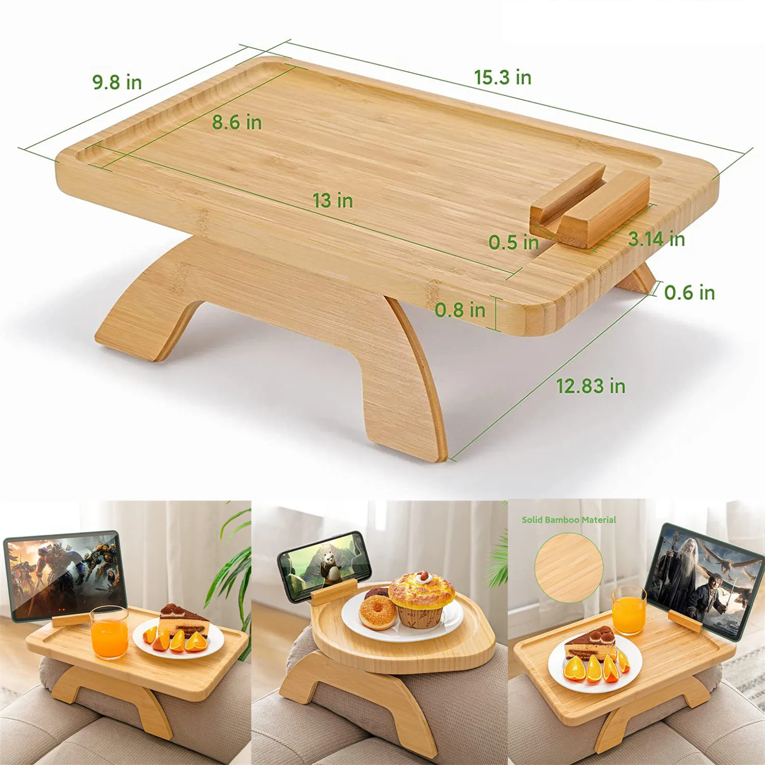 Foldable Sofa Tray Table Armrest Clip-On Holder Natural Bamboo Food Snack Tray For Cellphone Rack Remote Control Mug Cup Plate