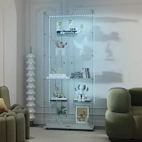 Glass Display Cabinet with Lock LED Lighting 5-Tier 2-Door Curio Cabinets Full Vision Showcase Tempered Glass Display Case with