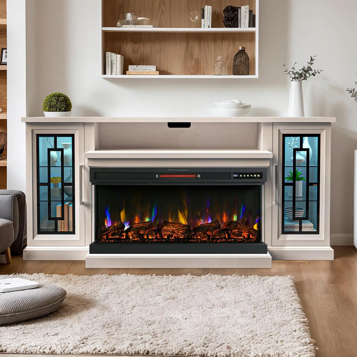 75-inch Electric FireplaceTV Stand 3-side Glass LED Modern Media Entertainment Center Console Adjustable Flame 40-inch Fireplace 2