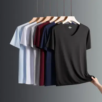 2025 Men's Thin Short Sleeve Ice Silk Without Summer Solid Color T shirt Trace Slim V-neck Bottoming Seamless short sleeve 1