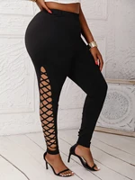 Plus Size  Leggings For Women Clothing with Lattice Cutouts Mid-Waisted Stretchy Solid Color Female Knit Pants for Casual Outing - Image 4