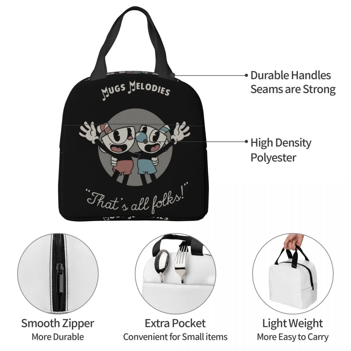 Lunch Bag for Men Women Mugs Melodies Cuphead Insulated Cooler Bag Portable Picnic Canvas Tote Handbags