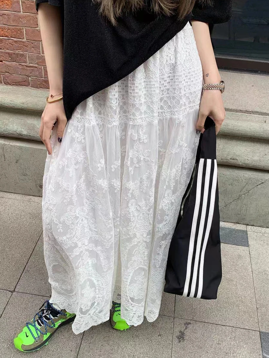 

Lace Jacquard White Long Skirt Women 2024 New Casual Simple Elastic Waist A-line Faldas Bottom Korean Fashion Chic Midi Skirts